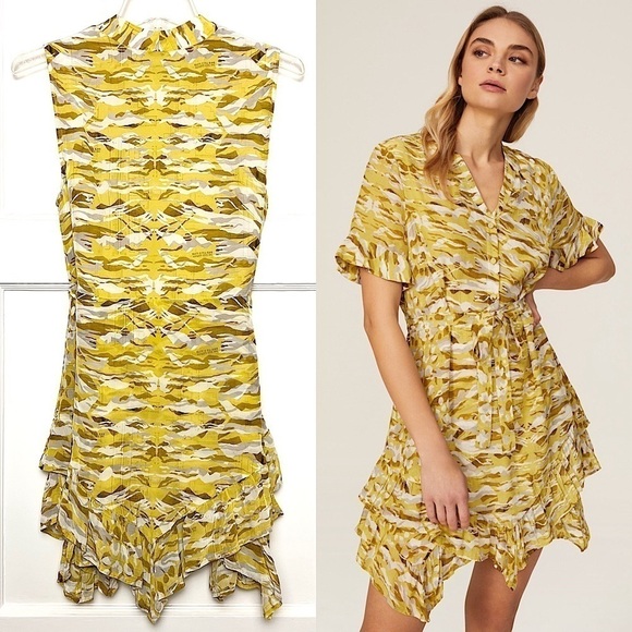 ALLSAINTS Chiffon Sleeveless Tie Waist Button Up Asymmetric Tier Ruffle Dress 2 - Picture 2 of 8